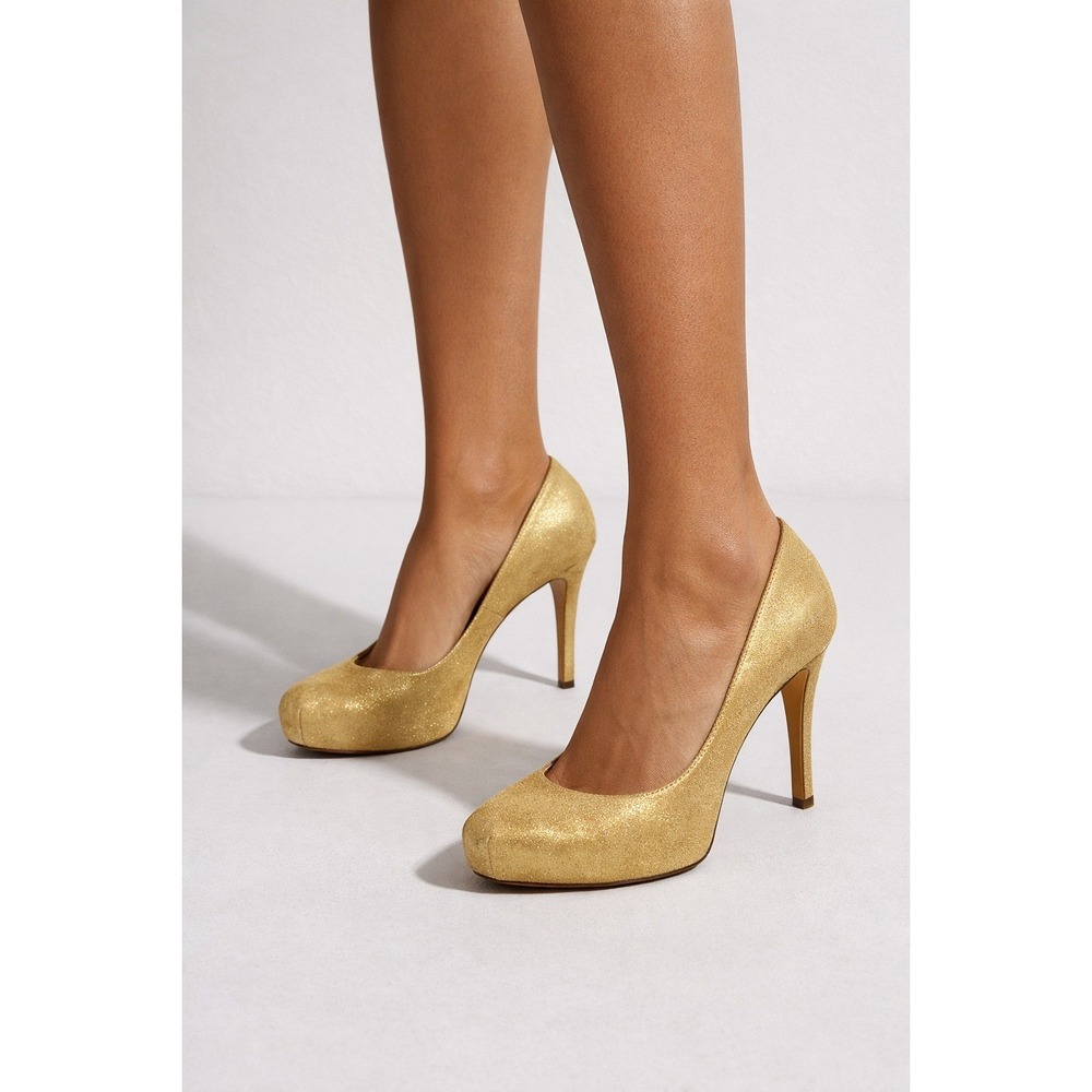 Brian Atwood Gold Metallic Shimmer Platform Pumps Heels Made in Italy EU 38